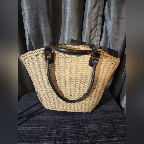 Borghese Large straw jute shoulder bag brown white pinstriped inside - Picture 10 of 10